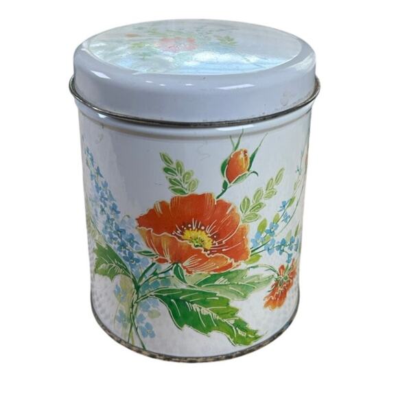 Vintage Decorative Tin- Cylinder- White Orange Blue Floral- 4x3.5" with lid - Picture 1 of 7